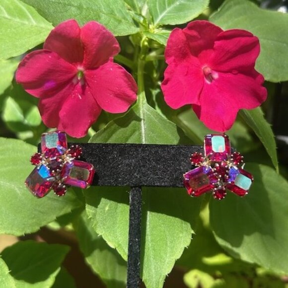 ALBERT WEISS Red AB Rhinestone Cluster EARRINGS - Picture 3 of 10